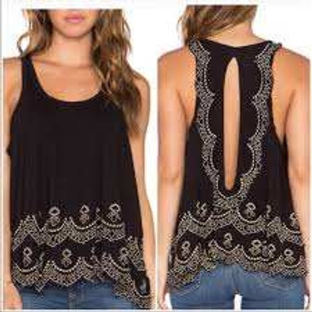 Free People Black Embroidered Eyelet Open Back Halter Tank Top Size M